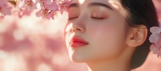 Wall Mural - Woman with closed eyes and pink lipstick, surrounded by cherry blossoms.