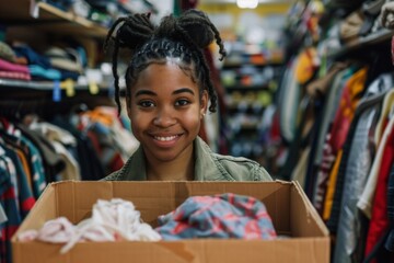 Wall Mural - Cheerful young woman holding a box of donated items in a thrift store