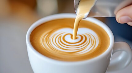 Poster - A person pouring milk into a cup of coffee with swirls, AI