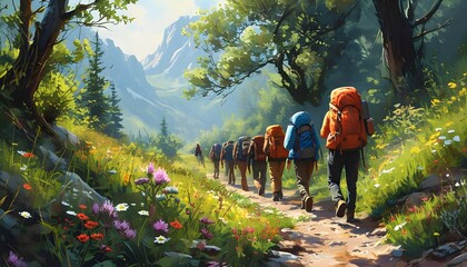 Exploring a Lush Trail Surrounded by Vibrant Wildflowers on an Adventurous Journey through Scenic Nature