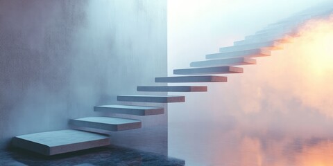 Wall Mural - Concrete Stairway Ascending into a Misty, Sunlit Sky