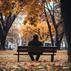 Poster - Man sits alone on a park bench, looking out at the fall foliage.