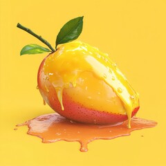 Wall Mural - Mango dripping with juice on yellow background.