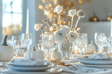 Wall Mural - Fall table arrangement with white pumpkins, neutral-toned flowers, crystal glasses