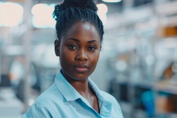 Wall Mural - Portrait of a young adult African American female Assembly Line Worker