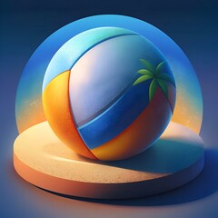 Wall Mural - A colorful beach ball with a palm tree rests on a sandy surface.