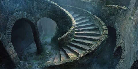 Canvas Print - Stone Staircase Leading to a Dark, Mysterious Passageway