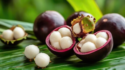 A close-up of an opened mangosteen, revealing its juicy white segments, placed on a banana leaf with whole mangosteens nearby