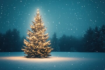 Wall Mural - Illuminated Christmas Tree in a Snowy Night Forest