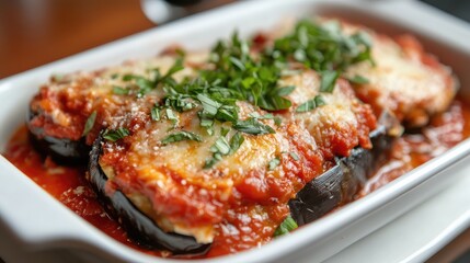 A dish of baked eggplant parmesan, layered with marinara sauce and a sprinkle of fresh basil, served in a white ceramic dish