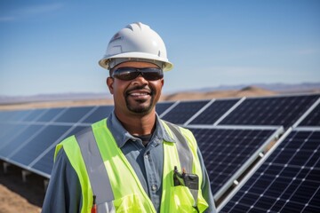 Wall Mural - Portrait of a middle aged male engineer standing next to solar panels