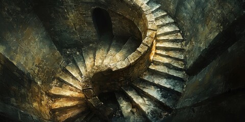 Canvas Print - A View From The Bottom Of An Ancient Stone Stairwell