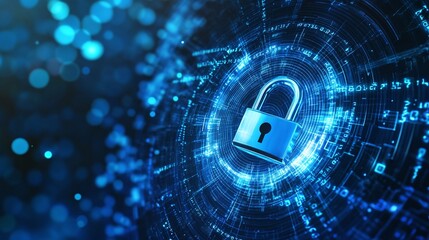 Wall Mural - abstract digital padlock on blue background with binary code and cybersecurity technology representi