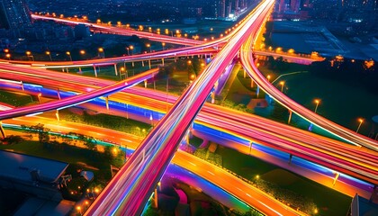 Wall Mural - Nighttime Aerial Perspective of Vibrant Highway Interchange with Colorful Light Trails Highlighting Urban Infrastructure and Transportation Dynamics