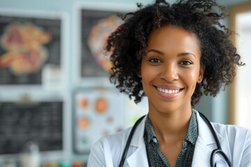 A confident doctor with a stethoscope smiles in a medical office, with anatomy charts in the background.