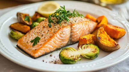 A plate of lightly grilled salmon with a side of roasted brussels sprouts and sweet potato wedges