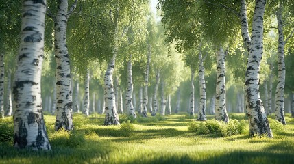 A serene birch tree forest with vibrant green foliage and soft sunlight illuminating the peaceful pathway.