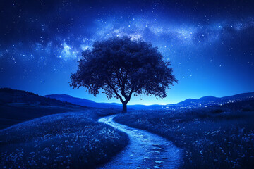 Wall Mural - A tree is in the middle of a field of grass