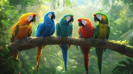 Wall Mural - vibrant colorful parrots perched on a branch in the jungle with green background tropical birds in l