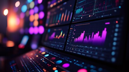 A close-up of a computer screen displaying a graph with a sharp rise in value, with a blurred background of control panel buttons.