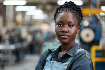 Wall Mural - Portrait of a young adult African American female Assembly Line Worker