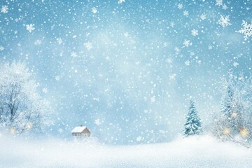 Wall Mural - Snowy Winter Scene with a Small Cabin and Pine Trees