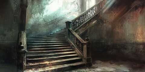 Wall Mural - Worn Wooden Staircase Leading Upwards in a Dusty, Abandoned Mansion