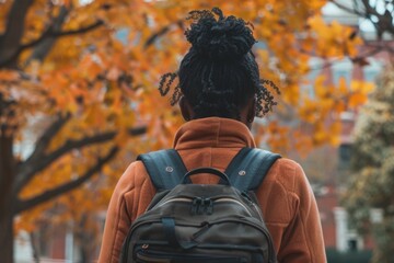 Back view of a black female student with backpack standing on college campus at fall