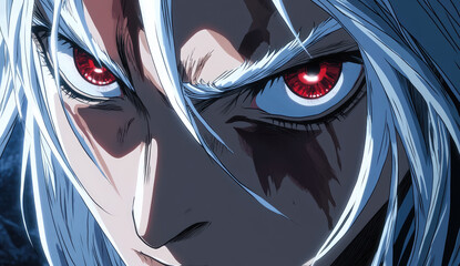 Wall Mural - Close-up of a red-eyed, male character with short, gray hair