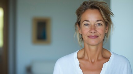 Wall Mural - A woman with a white shirt and blonde hair is smiling. She is standing in front of a white wall