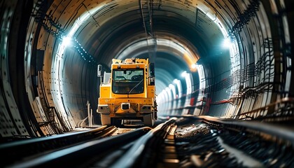 Illuminated tunnel showcasing construction machinery, highlighting intense atmosphere and work environment of a railway project