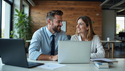 Wall Mural - Two busy happy professional business man and woman executive leaders team using laptop working on computer at work desk having conversation on financial project at meeting in office. 