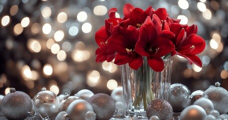 Poster - Bright red amaryllis flowers in a vase with silver ornaments during festive winter season