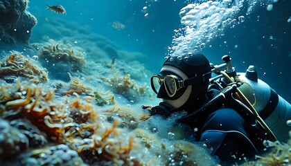 Underwater exploration of a scuba diver amidst vibrant marine life and bubbles in crystal clear blue water