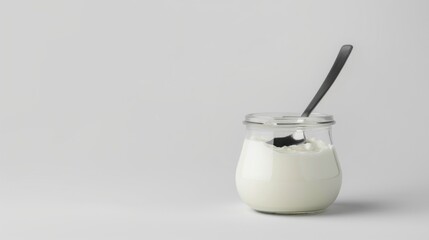 Canvas Print - A glass jar filled with creamy yogurt sits against a simple gray background. A metal spoon rests inside the jar, inviting you to enjoy this healthy treat. Perfect for culinary or health themes. AI