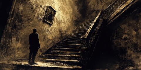 Canvas Print - A Man Standing at the Bottom of a Dark Staircase in an Old Building