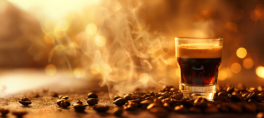 Wall Mural - Rich espresso with warm steam rising in a golden, coffee bean-filled ambiance