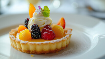 A traditional fruit tart garnished with cream and fresh fruits, served on a white plate