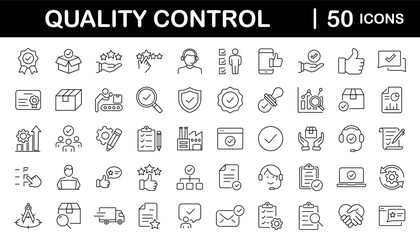 Fototapete - Quality control set of web icons in line style. Quality Check computing icons for web and mobile app. Containing inspection, evaluation, production, quality assurance, certificate, testing and more