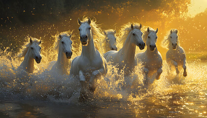 Sticker - A herd of white horses gallop through a sparkling river at sunset.