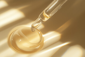macro shot long pipette dropper with pouring transparent beige or golden serum flat lay on wet backg