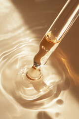 Macro shot long pipette dropper with pouring transparent  beige or golden serum flat lay on wet background. Cosmetics and skin care ad banner.