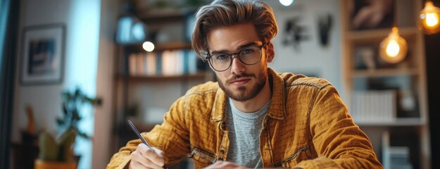 Young professional designing a website with a stylus on a tablet, creative digital design process, modern workspace