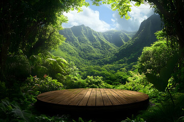 Wall Mural - A wooden platform in a tropical jungle with a view of lush green mountains and a blue sky.