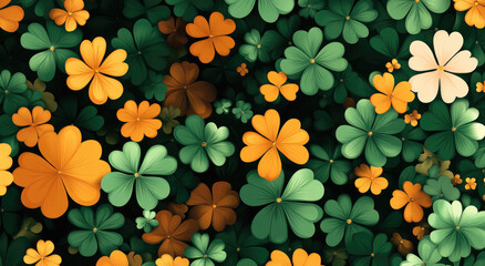 Wall Mural - St. Patrick's Day-themed background with shamrocks, clovers, and leaves in green, yellow, and orange tones