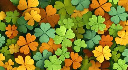 Wall Mural - St. Patrick's Day-themed background with shamrocks, clovers, and leaves in green, yellow, and orange tones