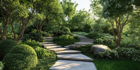 Poster - Stone Steps Leading Up Through a Lush Green Forest