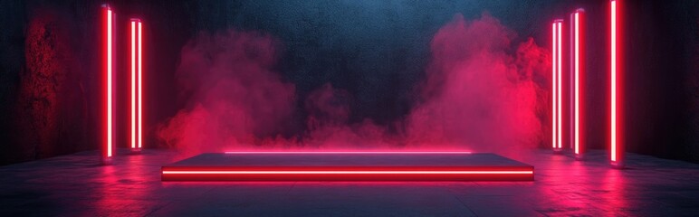 Poster - Product Display Stage Featuring Red Neon Light Against a Dark Backdrop 3D Rendering