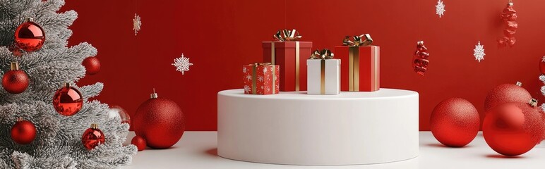 Aufkleber - Christmas banner featuring product display on a white podium rendered in 3D