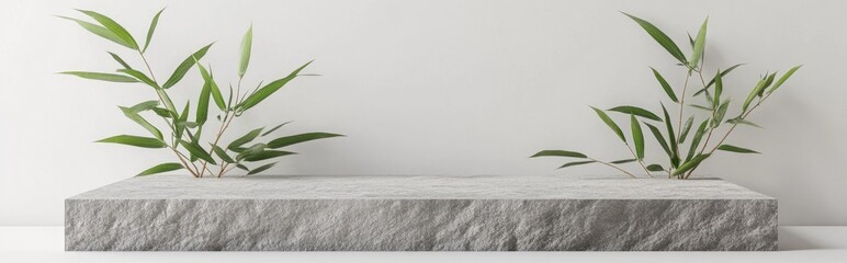 Aufkleber - Stone display podium adorned with bamboo leaves on a white background 3D rendering